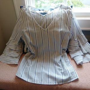 Blue White Cotton Ruffle Sleeve Top L